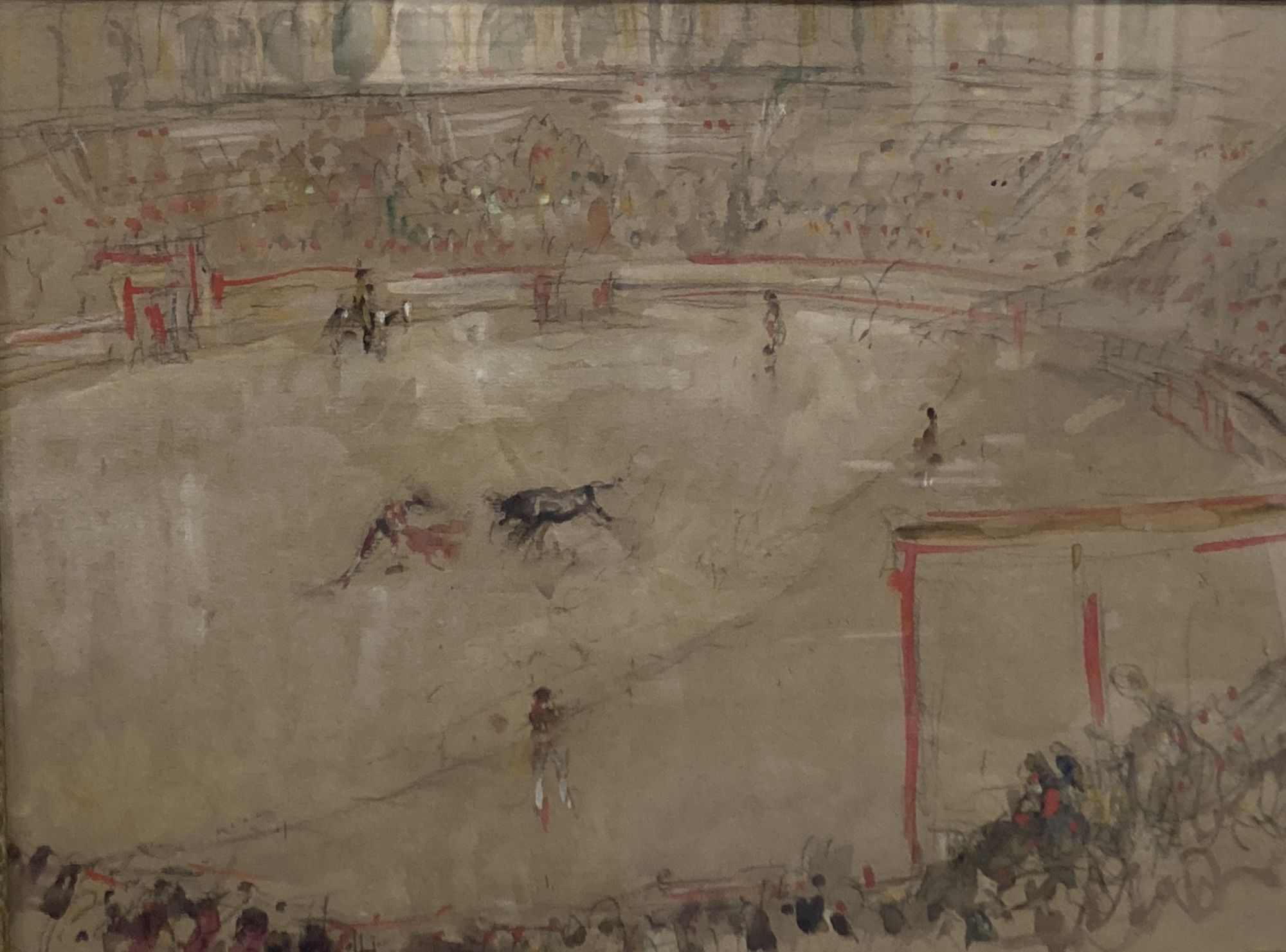 Harry Morley (1881-1943), pencil and watercolour, Bull fighting scene, monogrammed, 24.5 x 36.5cm